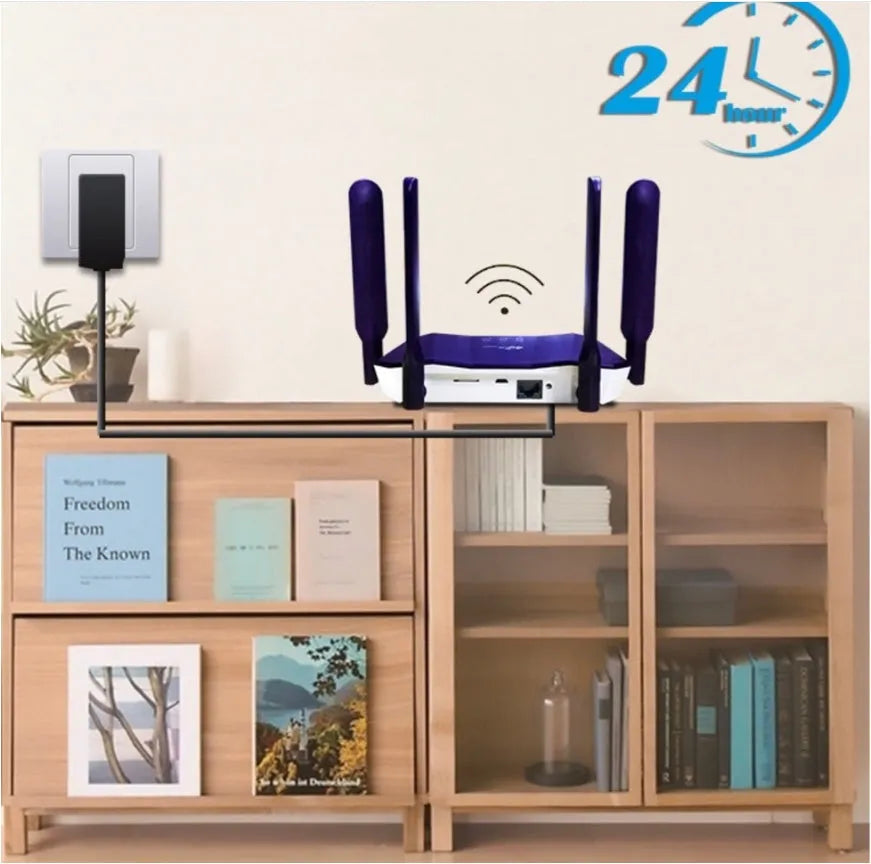 Blue 4G all network communication dual mode router with four external antennas showing front panel and dimensions