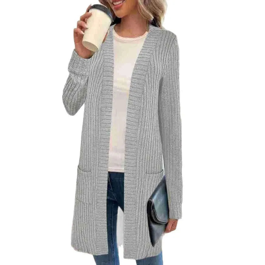 Long sleeve loose pocket knitted cardigan jacket in a relaxed fit, shown in black, grey, or wine red.