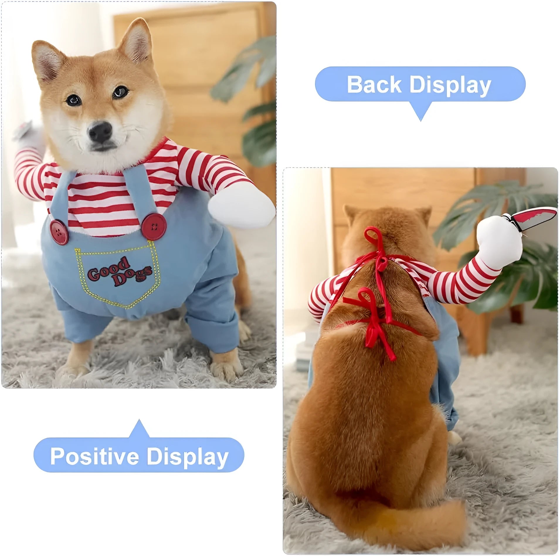 Striped Halloween costume set for pet dog or cat, showing pants, harness, and toy knife accessory.