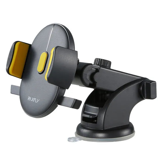 Yellow and black telescopic car phone holder with suction cup mount on textured dashboard