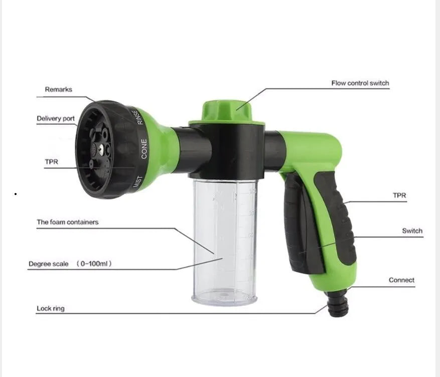 Green high-pressure foam spray water gun with adjustable nozzle for car and garden cleaning.
