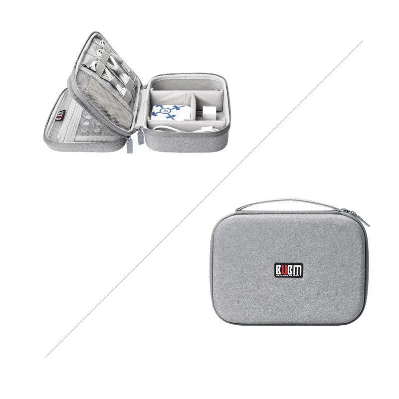 Black and grey EVA digital storage bag for earphones and cables, showing double-layer and single-layer style options.