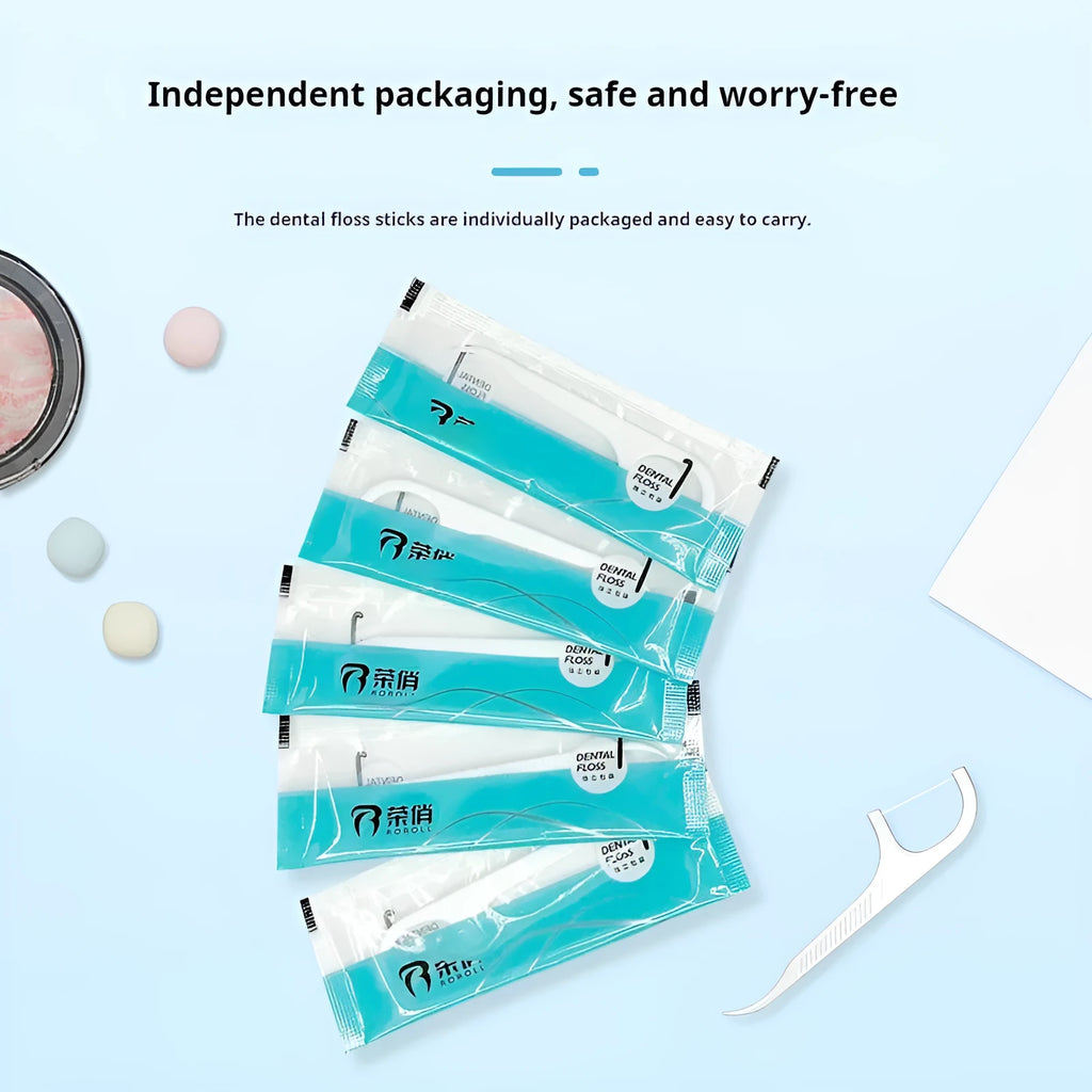 Plastic packaged dental floss disposable pack showing multiple packaging options