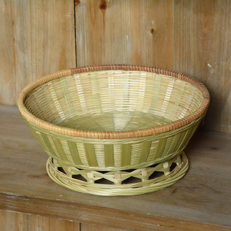 Handmade woven bamboo storage basket with rectangular shape and natural texture