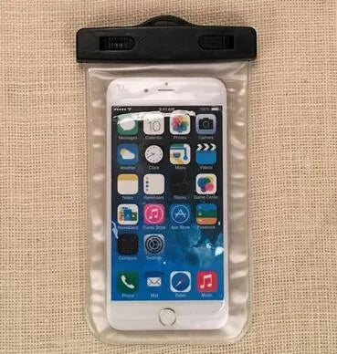 AQUA-ONE transparent waterproof phone pouch in assorted colours, showing phone inside.