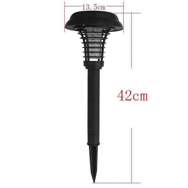 Black solar-powered insect-killing lawn lamp with white and UV purple LEDs, standing 42cm tall.
