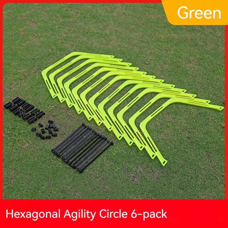 Set of six foldable hexagon football agility training rings in yellow, green, and orange colours
