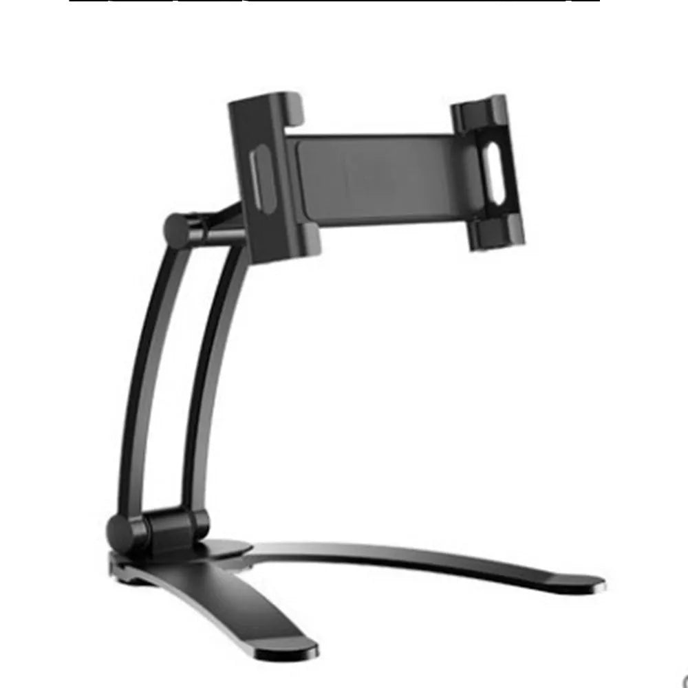 Silver aluminum alloy desktop stand holding a tablet at an adjustable angle.