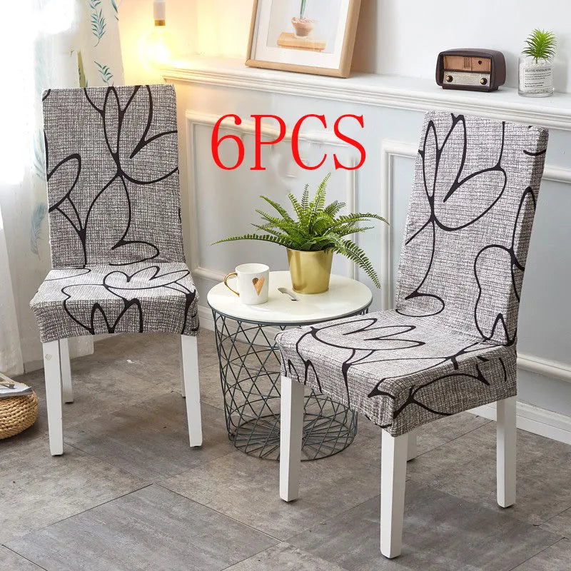 A stretchy spandex chair cover fitted neatly on a four-legged wooden dining chair.