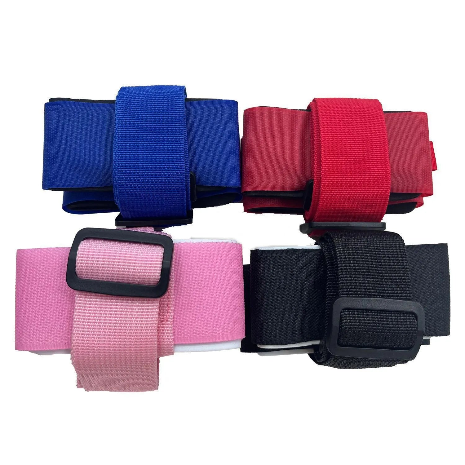 Adjustable skiing bandage strap with hook and loop fastening in black, blue, pink, and red colour options