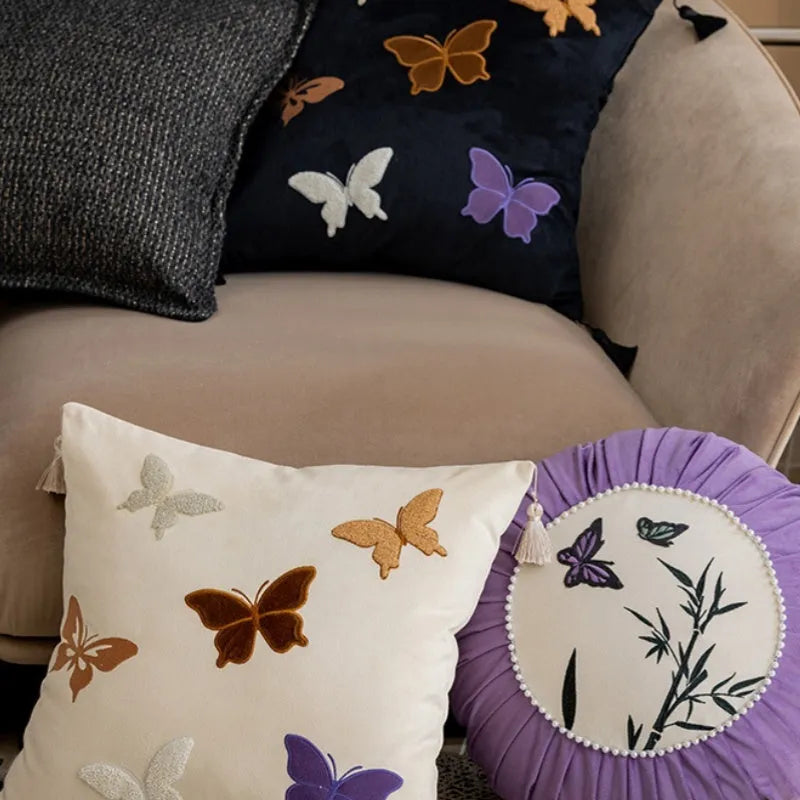 Square butterfly embroidery cushion in Chinese style measuring 45x45 cm in beige, black, or purple