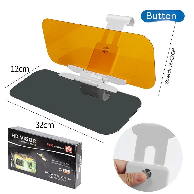 Dual-function anti-glare car sun visor with telescopic arm and acrylic lens.