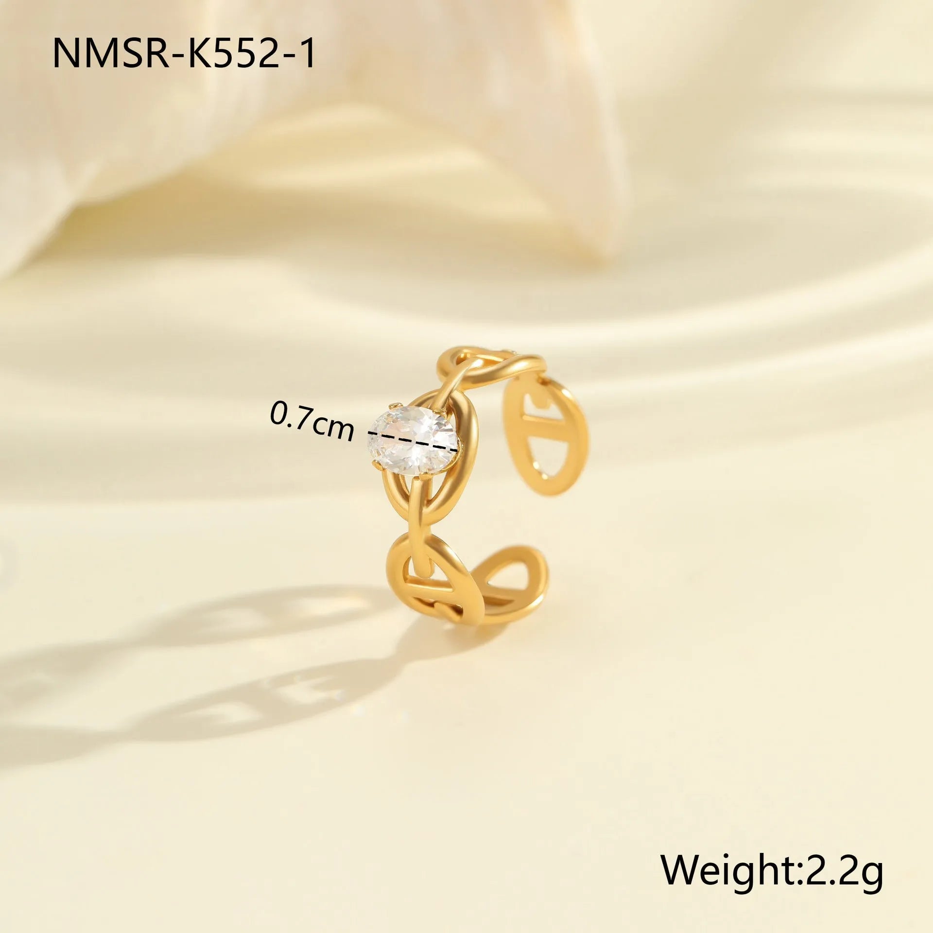 Geometric open mouth zircon ring showing adjustable design and electroplated finish