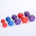 Bright coloured plastic fitness dumbbells with glossy finish in various weights for floor-safe exercise