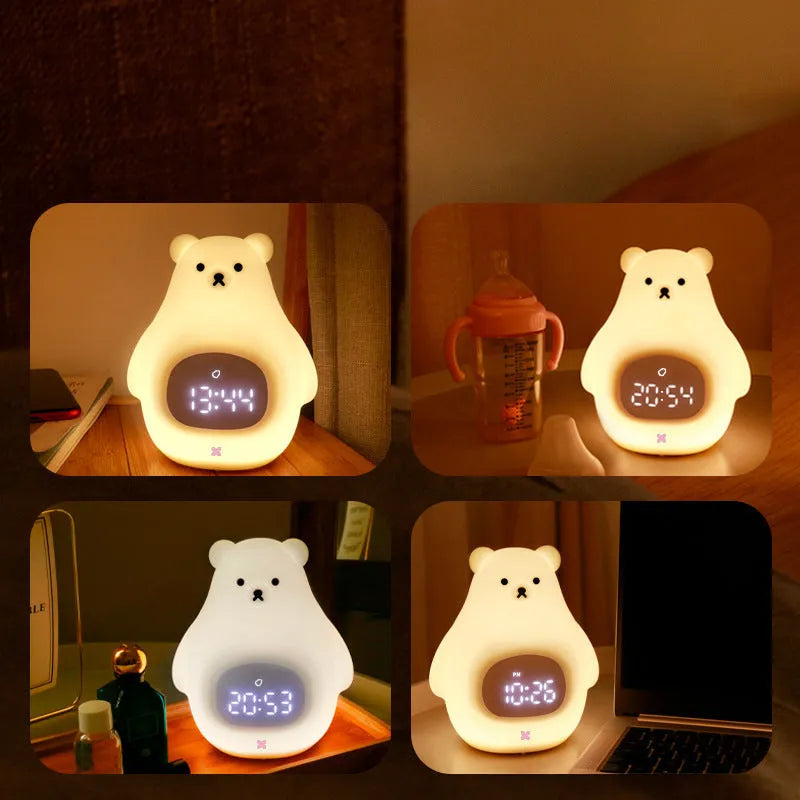White cartoon bear silicone night light with remote control on table.