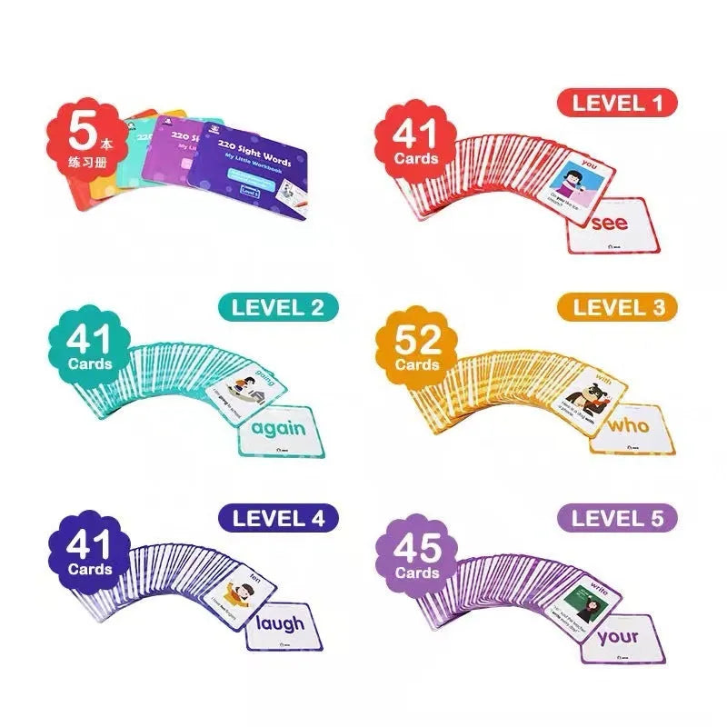 Early learning gift box containing 220 high-frequency word cards and five phonics workbooks for children aged 3+.