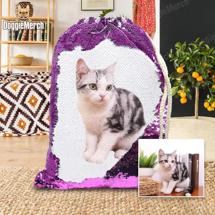 Custom purple sequins drawstring backpack featuring a personalised pet photo and name.