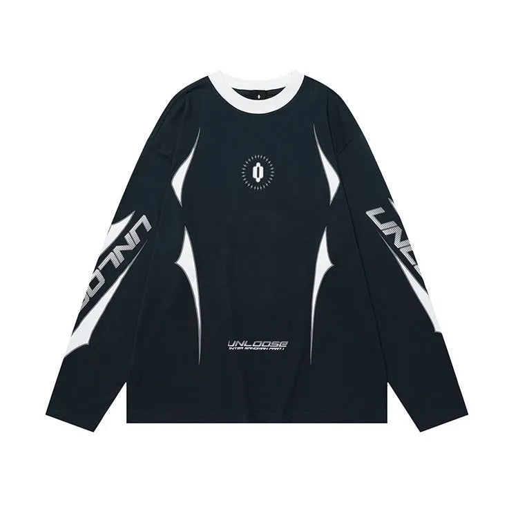 Grey khaki loose fit cotton pullover with drop shoulders and a printed lettered pattern.