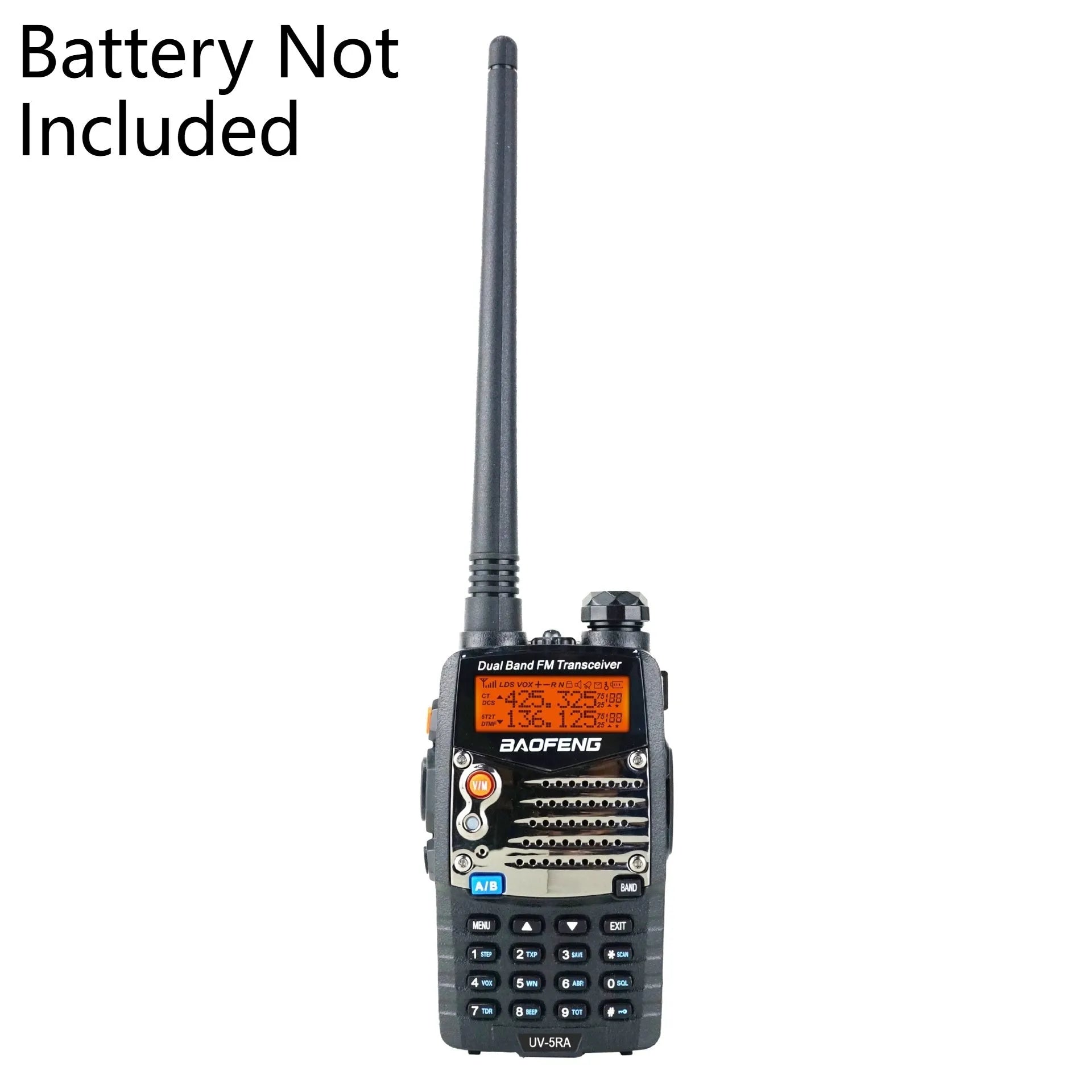 Baofeng UV-5RA dual-band walkie-talkie with dual display showing channel information