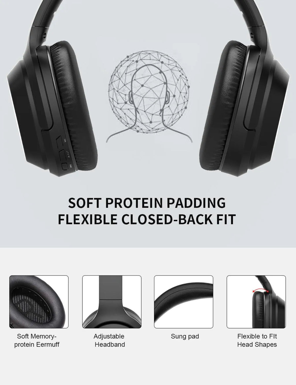 Black Gorsun E98 over-ear Bluetooth headphones with memory-protein ear cushions and adjustable headband