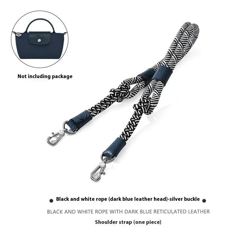 Braided nylon and cowhide leather crossbody shoulder strap with gold alloy buckle on a grey background.
