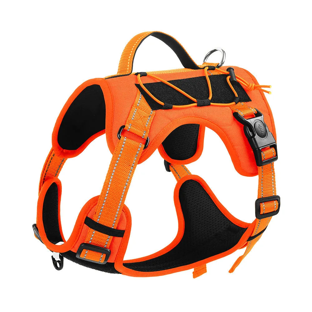 Orange reflective dog harness with a black integrated hand-holding rope, showing size adjustment straps.