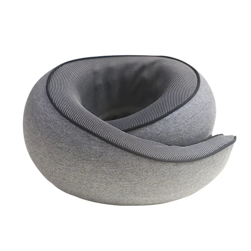 Black U-shaped memory foam travel neck pillow with storage bag, shown next to dark blue and grey colour options.