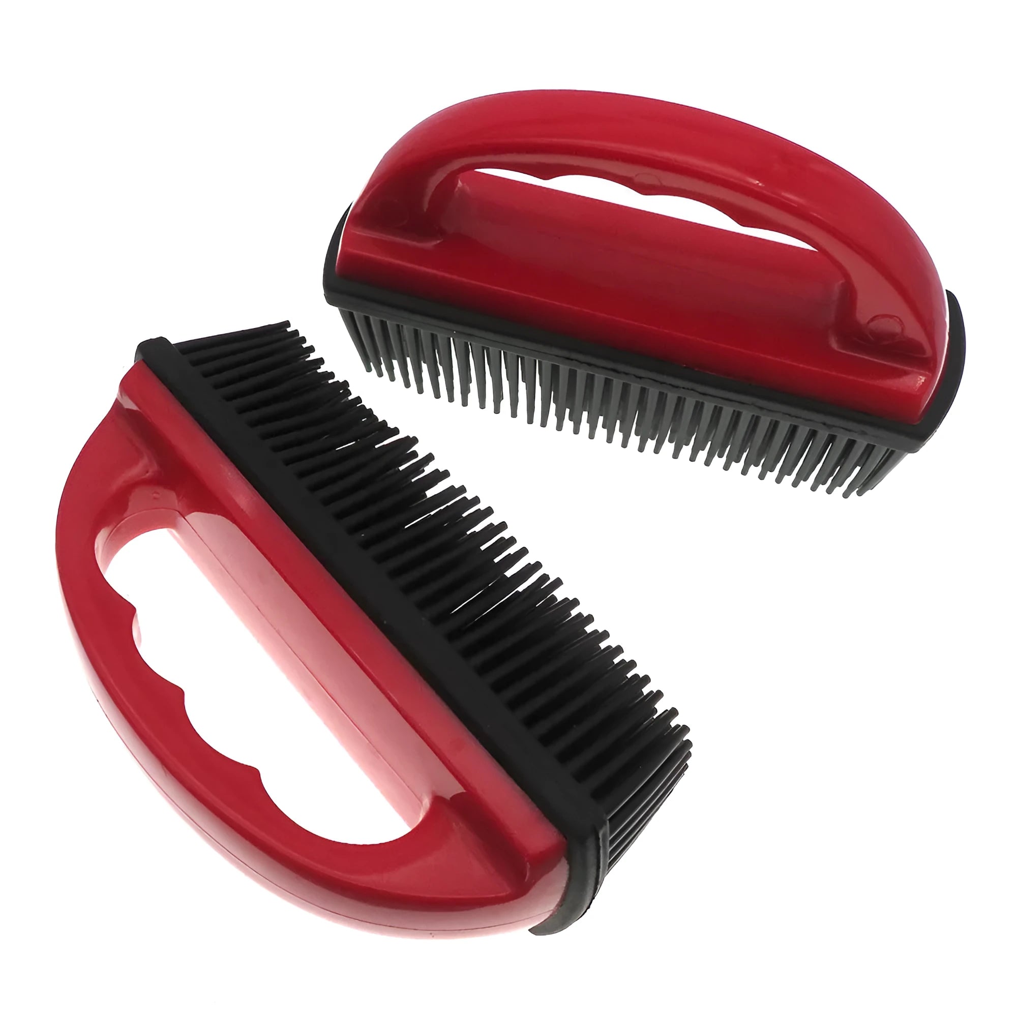 Red pet hair removal and massage brush for grooming and carpet cleaning.
