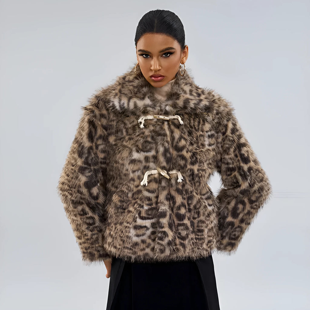 Leopard print women's coat with a buckle lapel detail on the collar