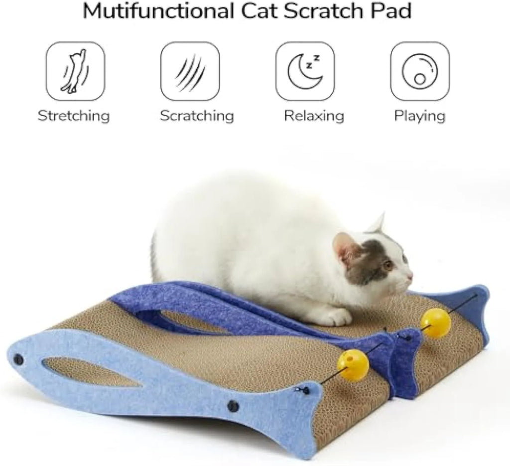Blue fish-shaped cat scratcher with bell balls on elastic cord, corrugated cardboard construction