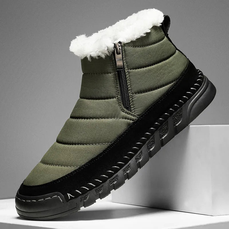 Men's plus size snow boot in blue with round toe and flat heel on a non-slip rubber sole.