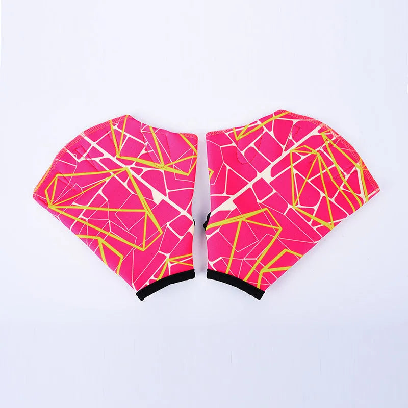 Duck feet webbed swimming gloves in multiple colour prints showing nylon construction and sizing options