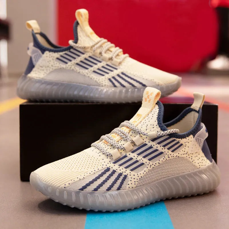 Men's white breathable flying fabric sports shoes with low-cut design and platform heel.