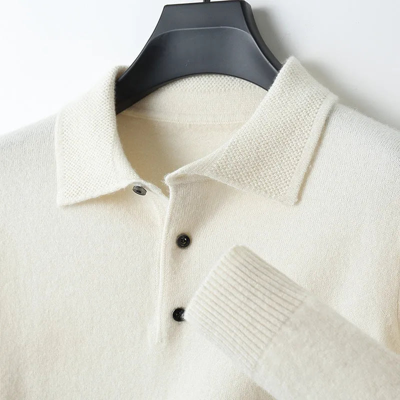 Men's wool pullover sweater with a polo collar in noble blue colour.