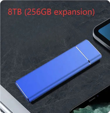 Sapphire blue metal portable solid state external hard drive with USB cable