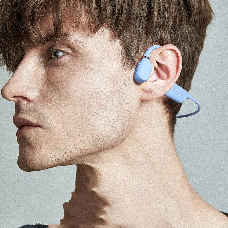Bone conduction Bluetooth sports headset in hanging neck design, shown in multiple colour options.