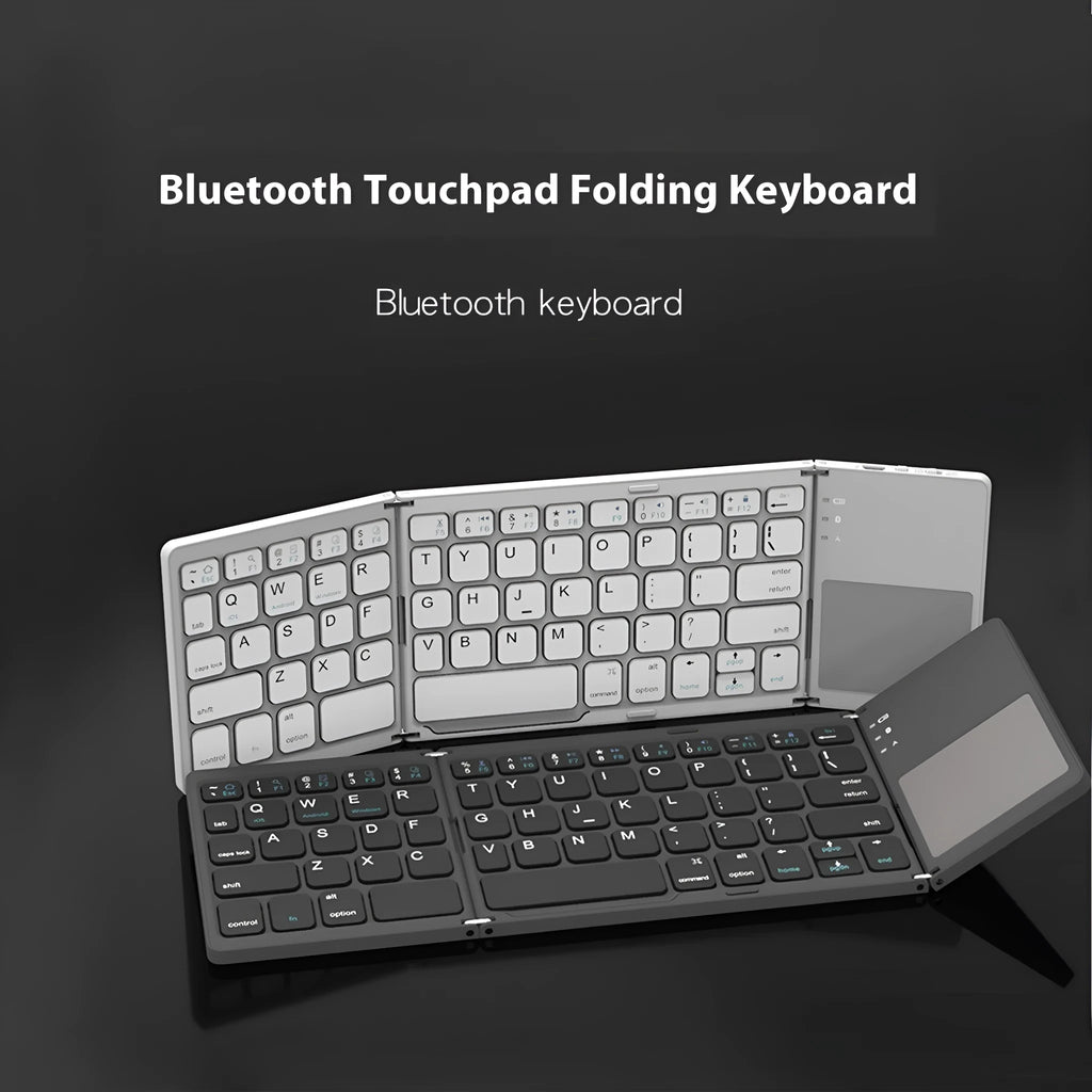 A closed black tri-fold Bluetooth keyboard next to a smartphone, showing its slim 0.8cm profile.