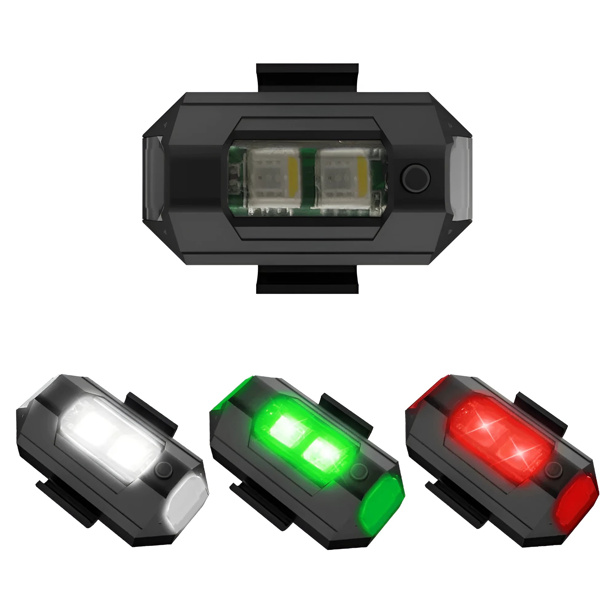 Drone strobe light with RGB LED showing multiple colours, Type-C charging cable, and mounting tape and belts