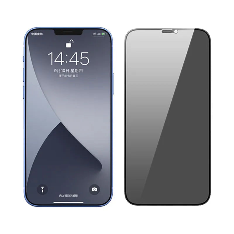 Tempered glass screen protector for iPhone with privacy anti-peeping and blue light filter film options.