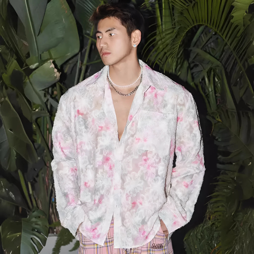 Long sleeve floral shirt with three-dimensional embossed pattern in loose fitting blue version