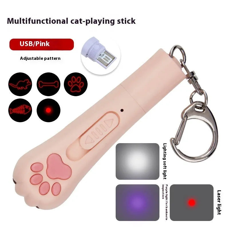 Infrared cat teasing stick toy with moon-light lamp and laser projector in blue pink purple or white colours