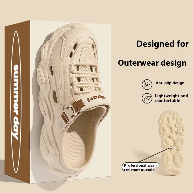 Men's khaki outdoor slippers with hollow out design and EVA soles showing non-slip pattern