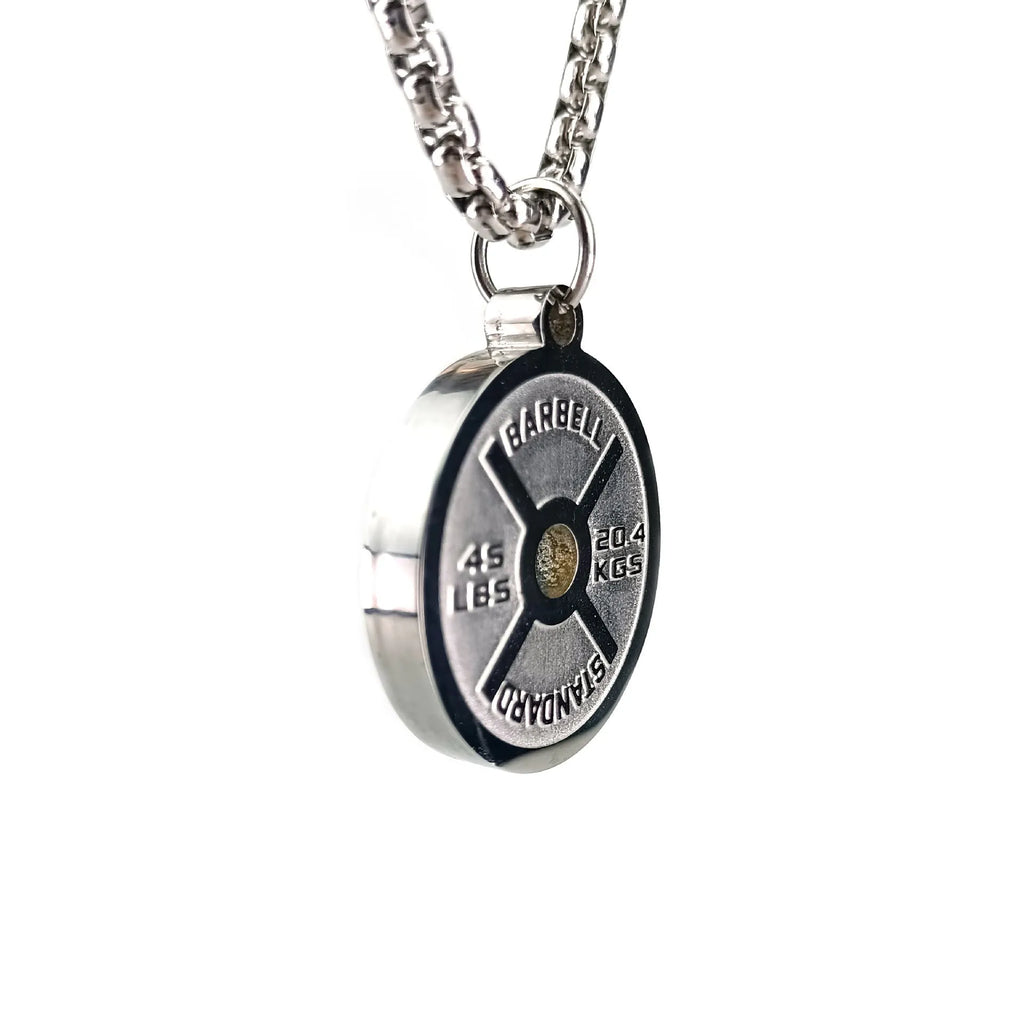 Stainless steel geometric barbell disk pendant on a 60cm black chain necklace.