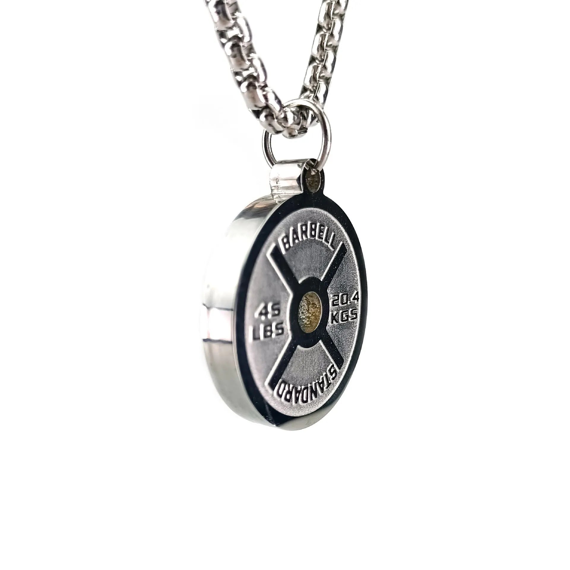 Stainless steel geometric barbell disk pendant on a 60cm black chain necklace.