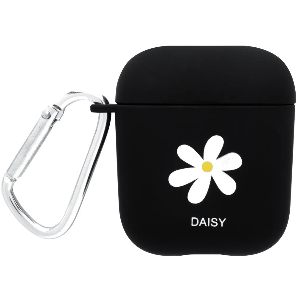 Black and pink AirPods case covers with floral and smiley face decorative patterns