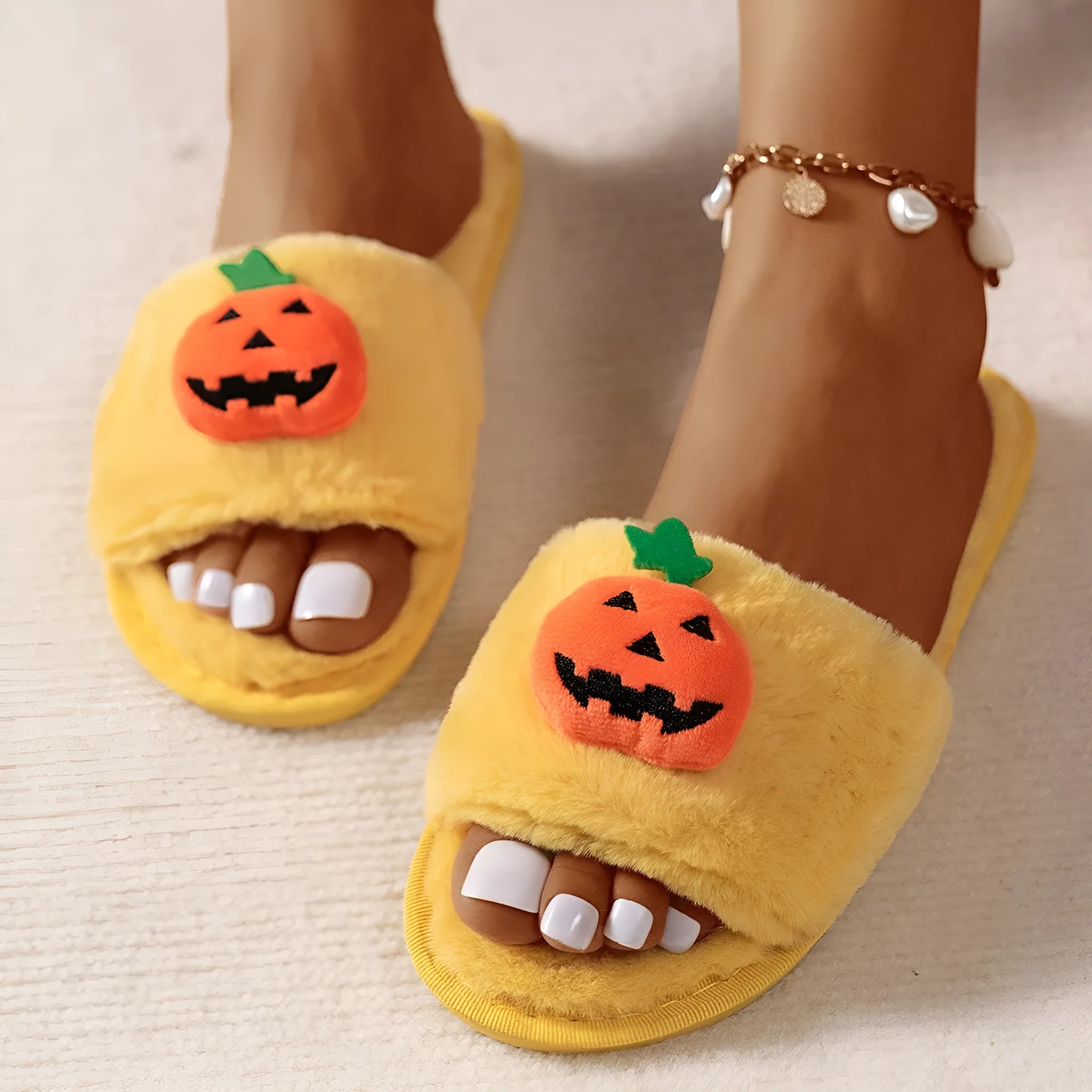 Halloween pumpkin cartoon plush slippers with synthetic fur upper and anti-slip PVC soles