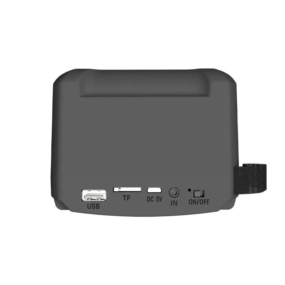 Portable mini Bluetooth speaker with USB charging cable, shown in assorted colour