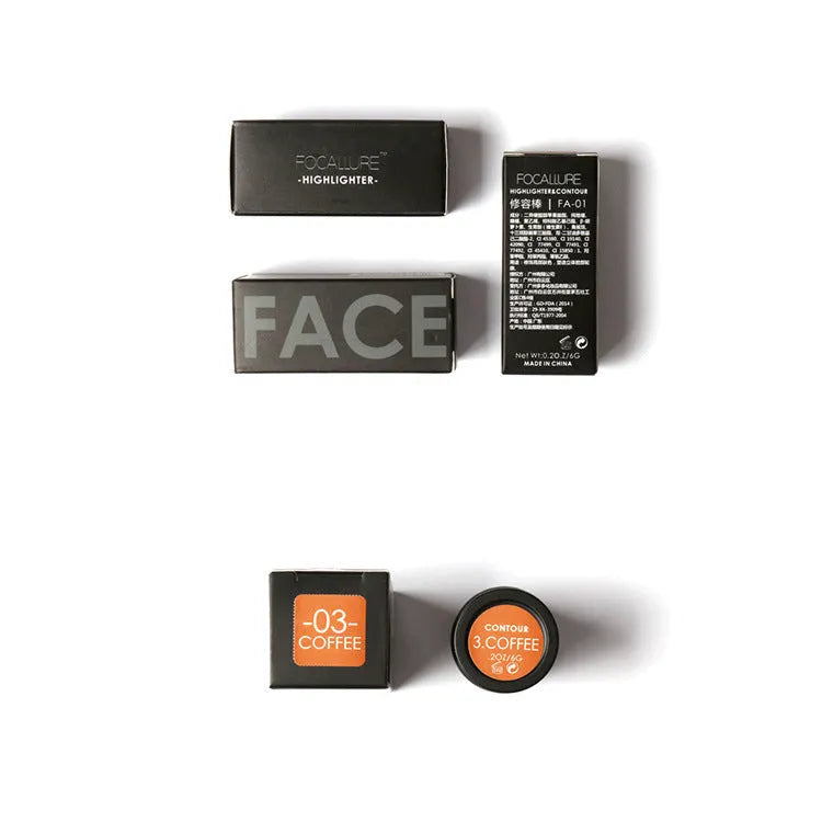 Face contour highlighter makeup product shown in four shade options A, B, C, D for sculpting features.