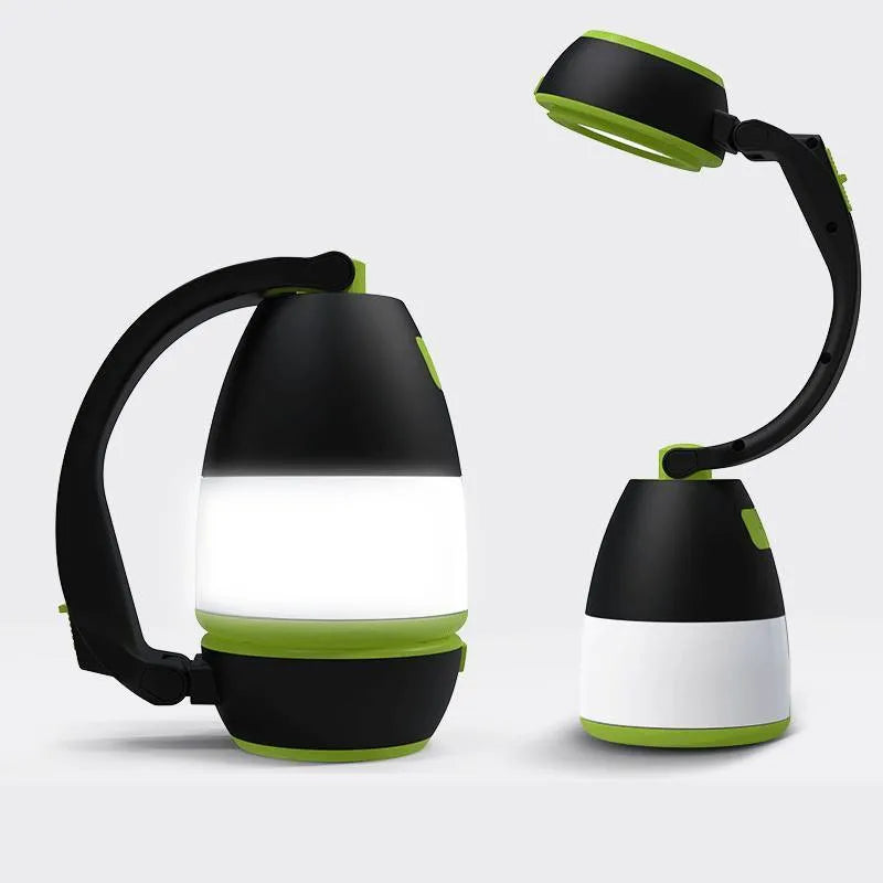 Black green foldable 3-in-1 LED camping lamp with USB charging port shown in open and closed positions.