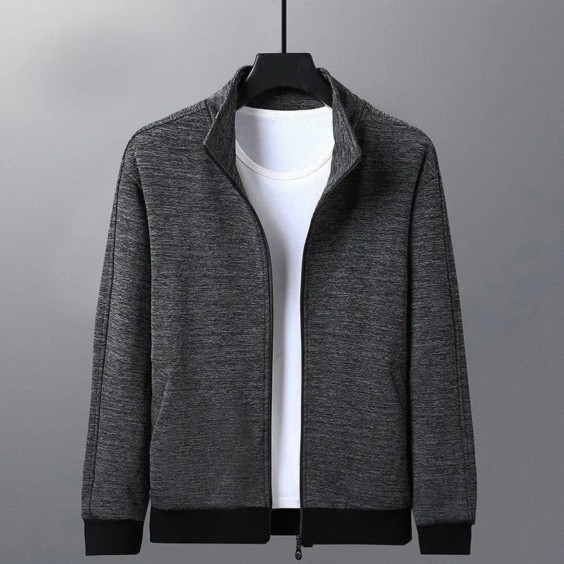 Men's black blended casual jacket with a stand-up collar and zipper front.